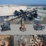 Limestone crusher showing primary jaw crusher, cone crusher, and vibrating screens for aggregate production