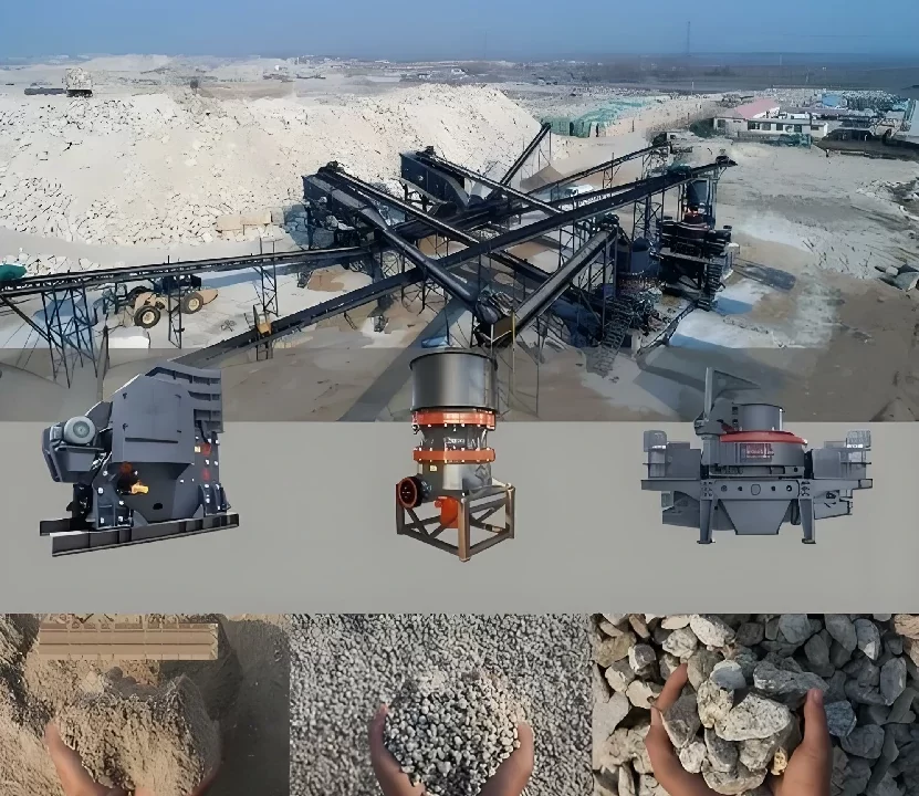 Limestone crusher showing primary jaw crusher, cone crusher, and vibrating screens for aggregate production